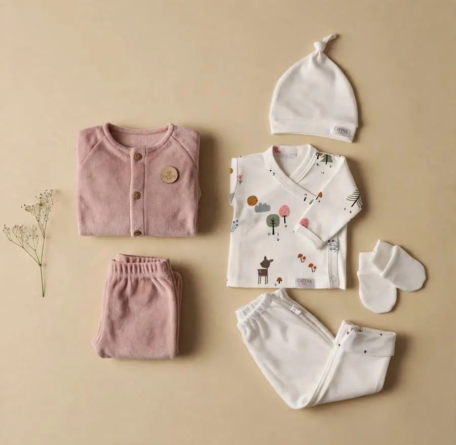 Sets primeras mudas algodón y plush: conjunto plush rosa y set de algodón con estampado de ciervitos