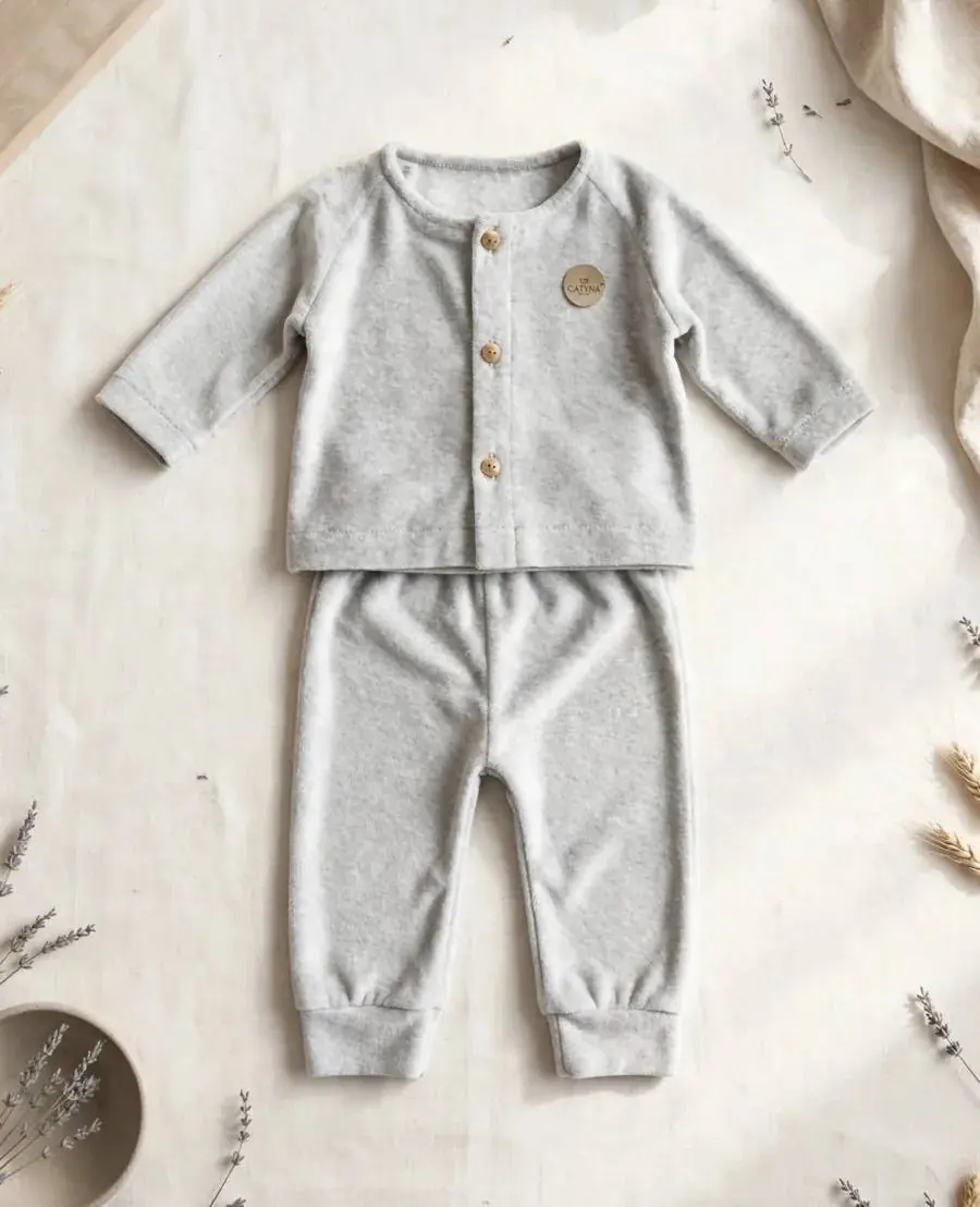 Conjunto plush gris: buzo con manga ranglán y botones de madera, pantalón con puño