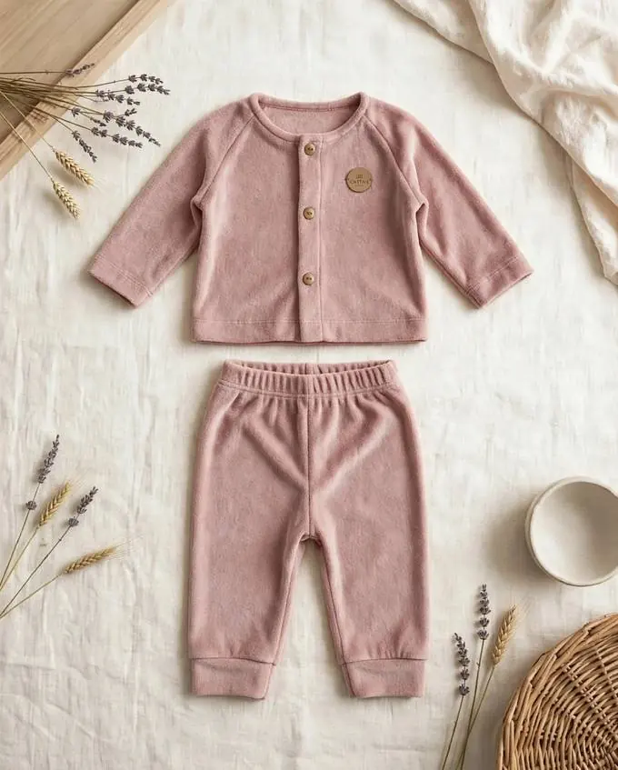 Conjunto plush rosa: buzo con manga ranglán y botones de madera, pantalón con puño