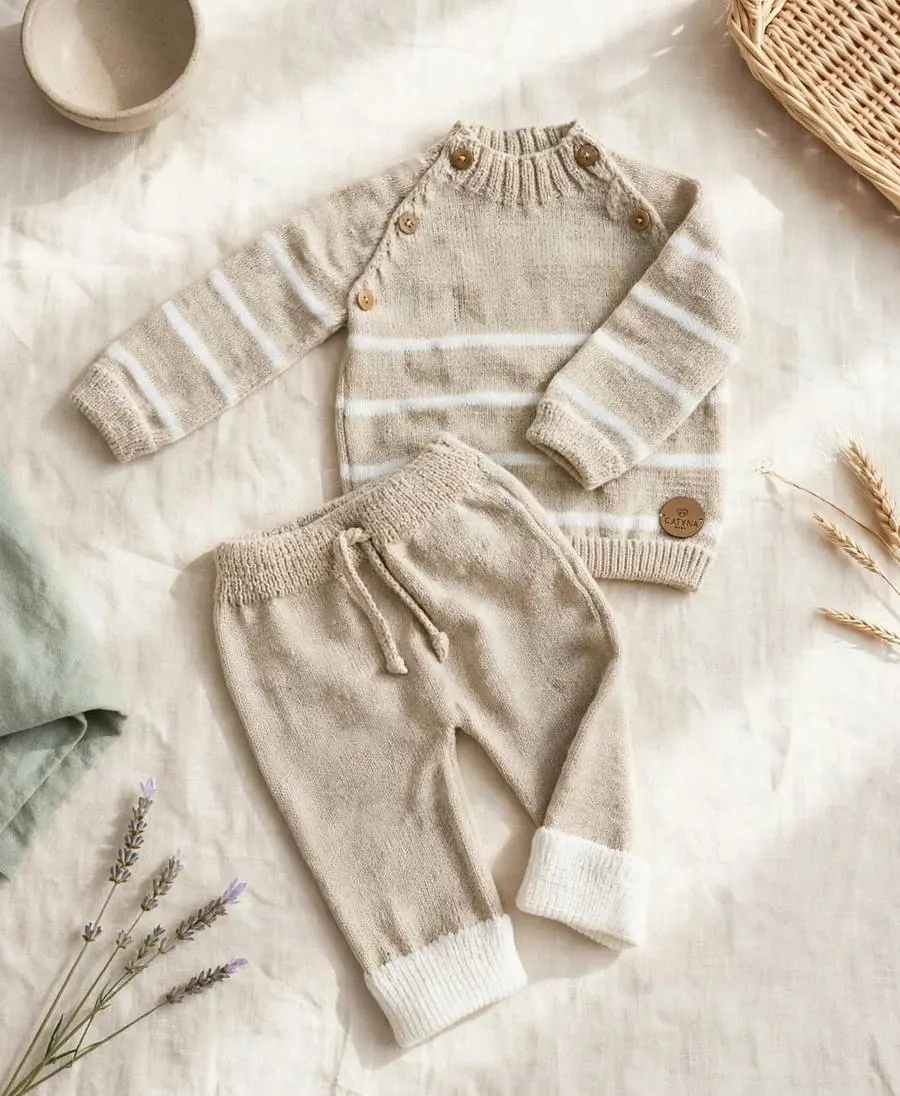Conjunto dralon rayas beige: Buzo tejido rayas beige y blanco con botones de madera, pantalón con puño blanco y cordón