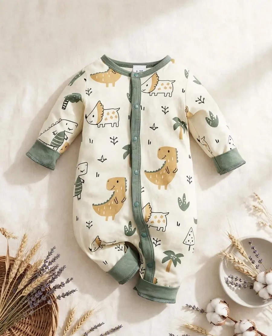 Mameluco crema con estampado de dinosaurios y palmeras, detalles verdes y botones a presión